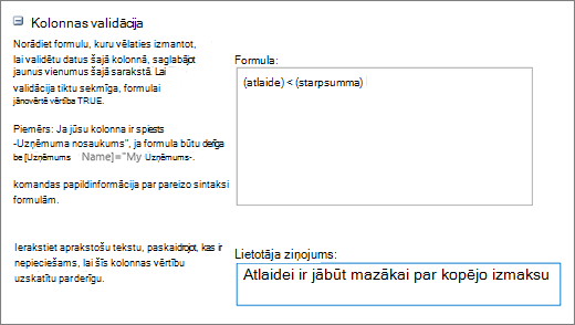 Kolonnas validācijas dialoglodziņš ar laukiem, kas aizpildīti ar parauga datiem