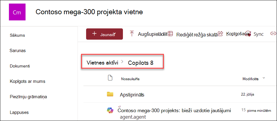 Ekrānuzņēmums, kurā redzama Copilot aģentu saglabāšanas vieta, ja tie tiek izveidoti no sākumlapas