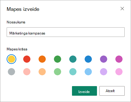 Jaunās mapes nosaukumu varat ievadīt SharePoint modernā pieredzes dialoglodziņā Mapes izveide.
