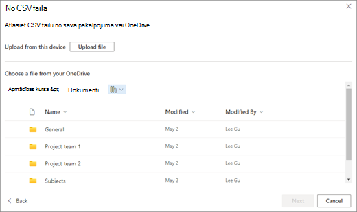 Ekrānuzņēmums ar ekrānu No CSV. Ekrāna augšdaļā ir poga Augšupielādēt failu. Apakšējā pusē ir OneDrive failu saraksts.