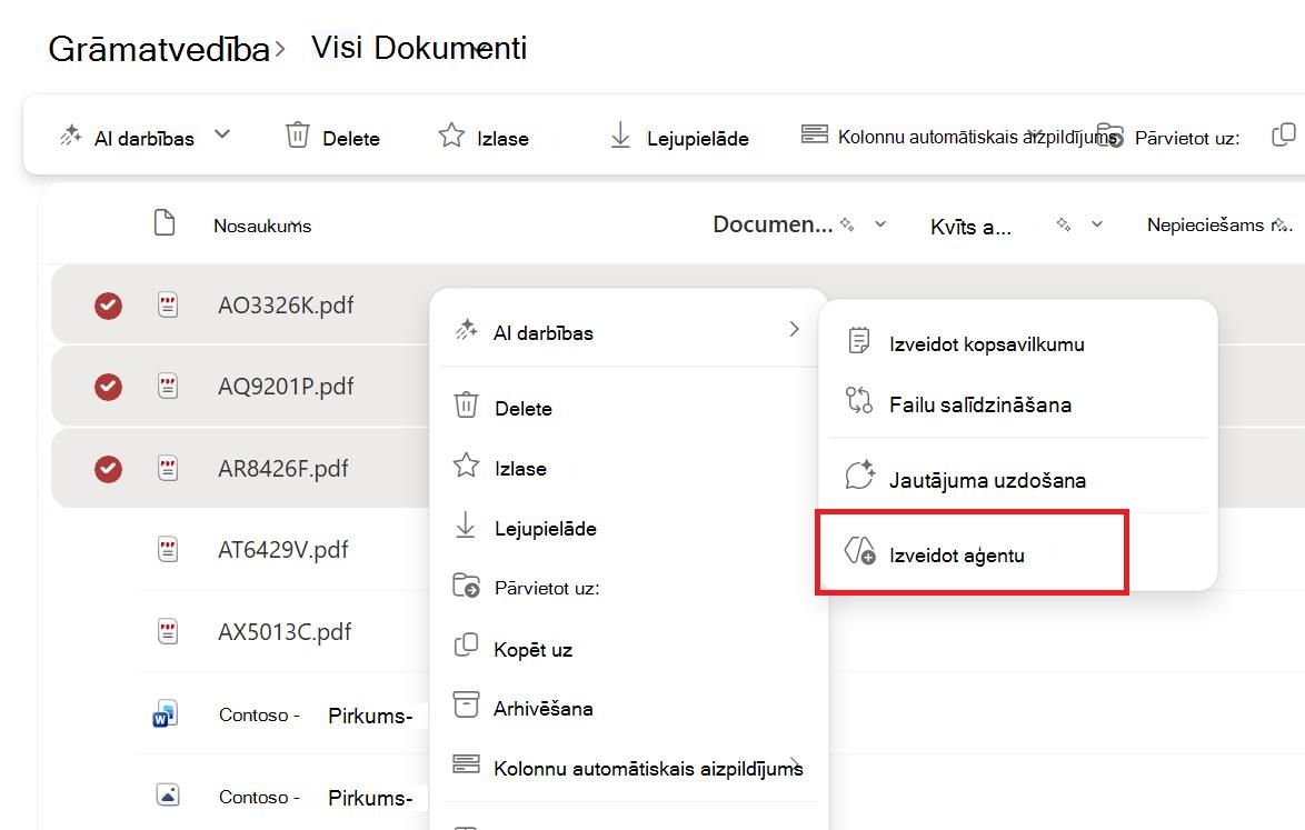 Ekrānuzņēmums, kurā redzama poga aģenta izveidei no faila vai mapes atlases kontekstizvēlnes