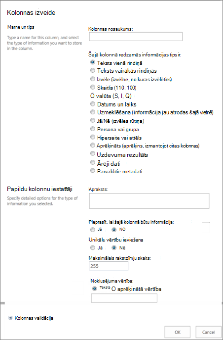 Dialogs Kolonnas izveide