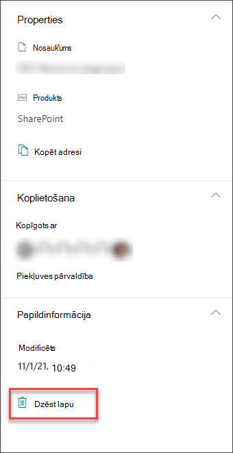 Ekrānuzņēmums ar lapas detalizētās informācijas rūtī pieejamo opciju Dzēst lapu