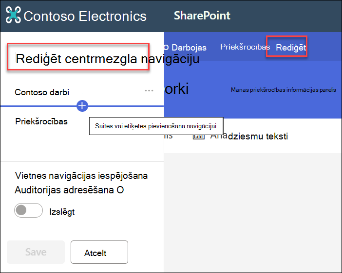 Ekrānuzņēmums, kurā redzama rediģēšanas centrmezgla navigācija