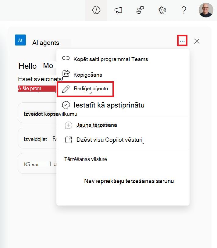 Ekrānuzņēmums, kurā redzama izvēlne, lai rediģētu SharePoint aģentu no blakusvāģa