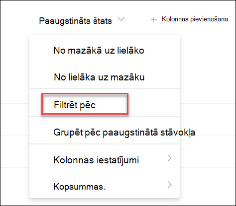 ekrānuzņēmums, kurā redzama filtrēšana pēc paaugstinājuma stāvokļa