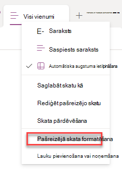 Ekrānuzņēmums, kurā redzama opcija Formatēt pašreizējo rindu