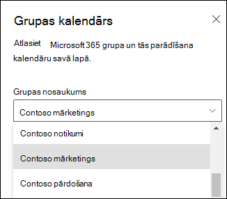 Microsoft 365 grupas atlasīšana rekvizītu rūtī.