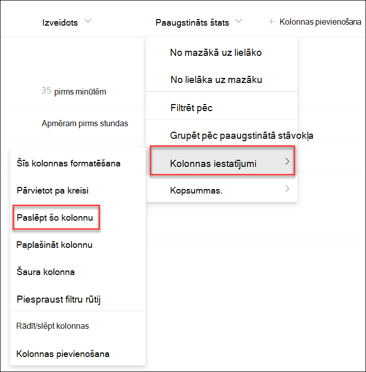 Kolonnas paslēpšanas ekrānuzņēmums
