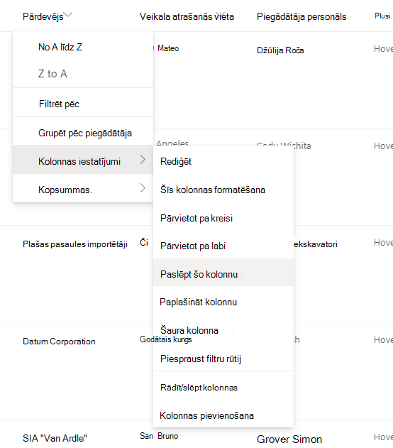 Kolonnas iestatījumi > Paslēpt šo kolonnu, ja modernā SharePoint sarakstā vai bibliotēkā ir atlasīts kolonnas virsraksts