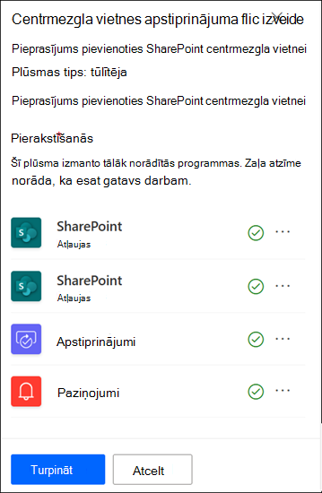 Ekrānuzņēmums ar centrmezgla vietnes apstiprināšanas lietojumprogrammu, kurā esat pierakstījies