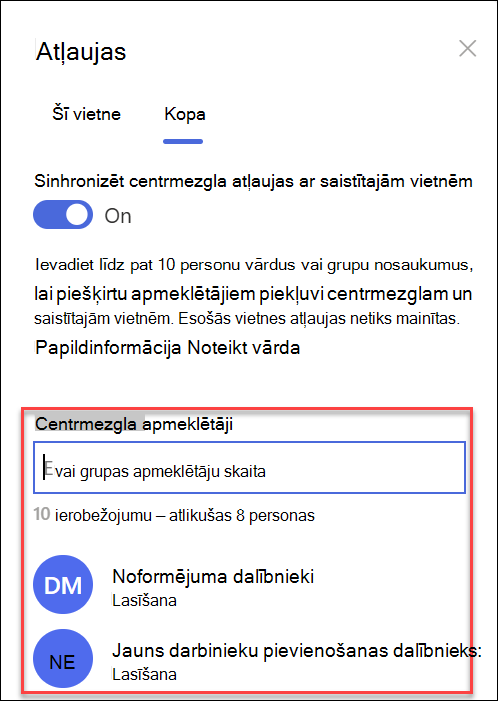 Ekrānuzņēmumi ar centrmezgla vietnes atļauju grupām
