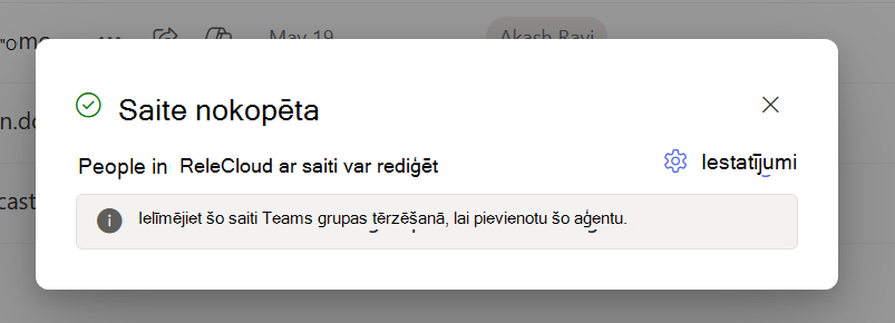 Dialoglodziņš, lai informētu lietotājus, ka viņu starpliktuvē ir kopēta koplietošanas saite.