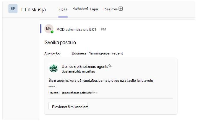 Ekrānuzņēmums, kurā redzama SharePoint aģenta saite Teams kanālos