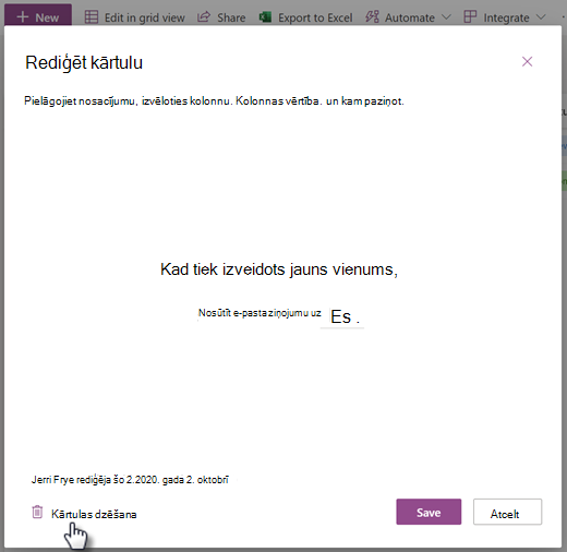 Ekrānuzņēmums ar saraksta kārtulas dzēšanu lapā Kārtulas rediģēšana.