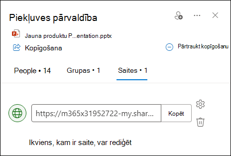 Ekrānuzņēmums, kurā redzams dialoglodziņš Piekļuves pārvaldība ar atvērtu saišu cilni.