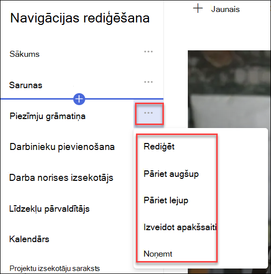 Navigācijas kontekstizvēlnes ekrānuzņēmums