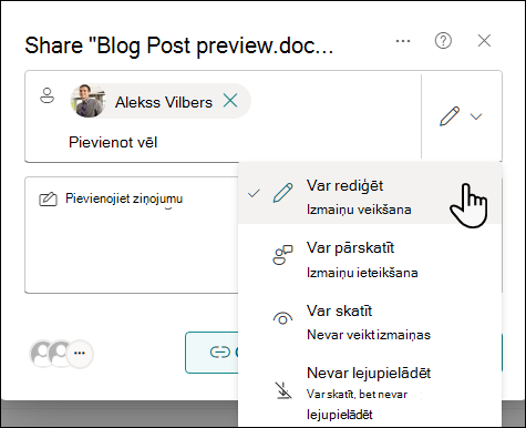 Atlasiet atļaujas iestatījumu personām, kas uzaicinātas koplietot dokumentu
