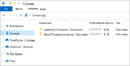 Ekrānuzņēmums, kurā redzamas OneDrive un vietņu sinhronizācijas mapes.