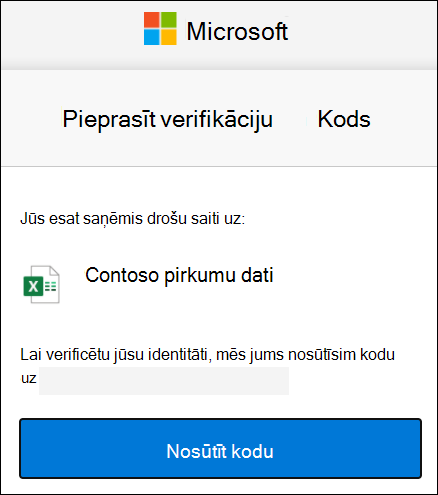 OneDrive ārējās koplietošanas koda pieprasījuma logs