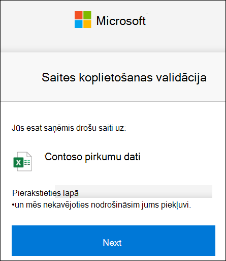 OneDrive ārējās koplietošanas saites verifikācija pierakstīšanās procesā.