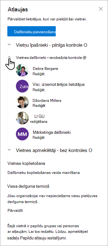 Dialoglodziņš Atļaujas, kurā varat pārvaldīt dalībniekus un viņu atļauju līmeņus.