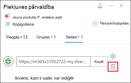 Ekrānuzņēmums, kurā redzams dialoglodziņš Piekļuves pārvaldība ar atvērtu saites cilni. Ir iezīmēta poga Noņemt saiti.