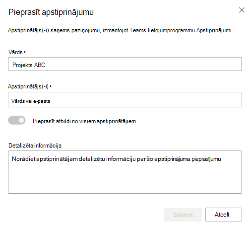 Ekrānuzņēmums, kurā redzams apstiprinājuma pieprasījuma dialoglodziņš.
