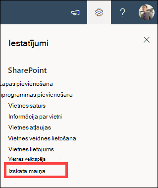 Atvērta opcija Iestatījumi, kurā iezīmēta izskata maiņa.