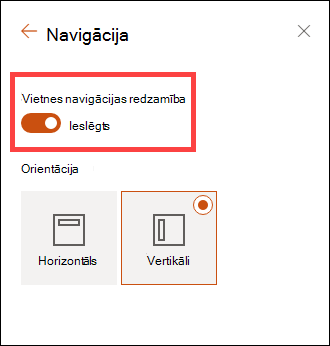 Piekļuve vietnes navigācijas redzamības opcijām, izmantojot iestatījumus.