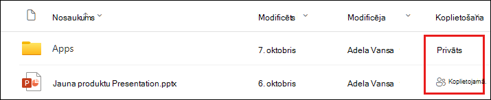 Cilne Koplietots ar dialoglodziņā Koplietošana