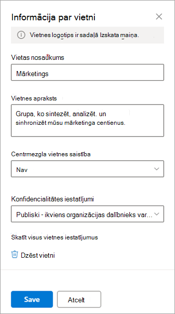 Grupas vietnes informācijas iestatījumu opcijas.