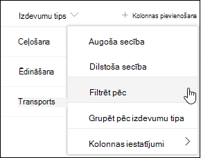 SharePoint kolonnas virsraksta izvēlnes opcija Filtrēt pēc