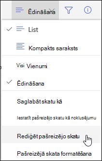 SharePoint Online izvēlnes opcija Rediģēt pašreizējo skatu