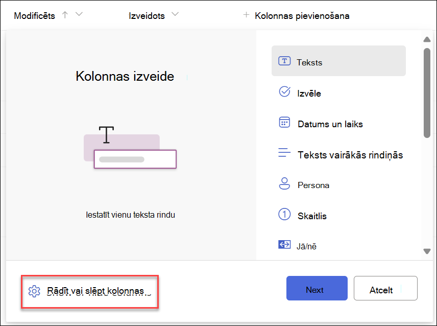 Ekrānuzņēmums, kurā atlasīta opcija Rādīt, paslēpt kolonnas