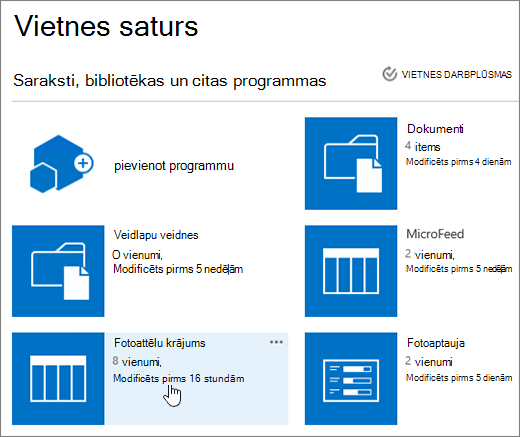 Vietnes satura lapa, kurā atlasīts saraksts