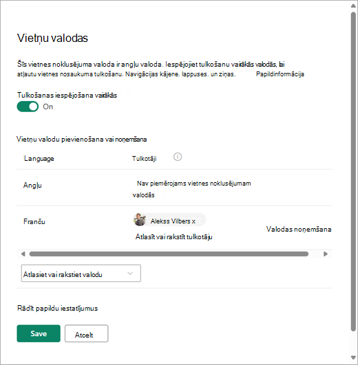 Ekrānuzņēmums, kurā redzama vietņu valodu lapa pakalpojumā SharePoint.