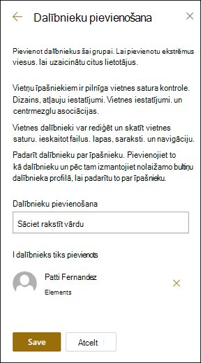 Dalībnieku pievienošanas paneļa priekšskatījums.