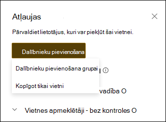 Atļauju paneļa ar nolaižamo izvēlni priekšskatījums.