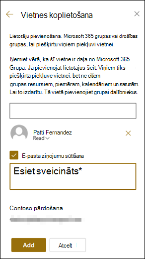 Vietnes koplietošanas paneļa priekšskatījums.