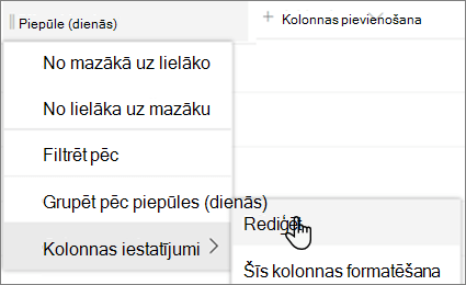 SharePoint kolonnu rediģēšanas rūts ar atlasītu opciju Dzēst