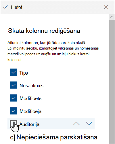 Skata kolonnu rediģēšanas rūts mūsdienīgā SharePoint Online versijā