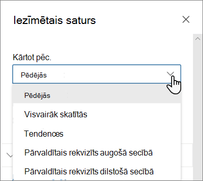Iezīmētā satura tīmekļa daļas kārtošanas pēc opcijas mūsdienīgā SharePoint vidē