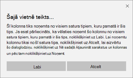 SharePoint apstiprinājuma uzvedne, ja no vietnes satura tipa tiek noņemta kolonna visiem satura tipiem, kuru pamatā ir šis tips