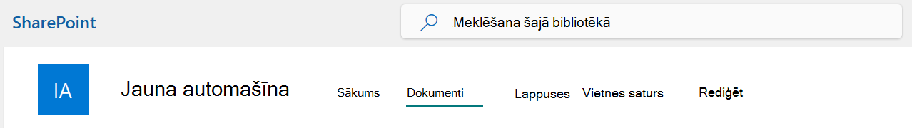 SharePoint vietnes augšējās joslas izvēlne ar atlasītu opciju Dokumenti.