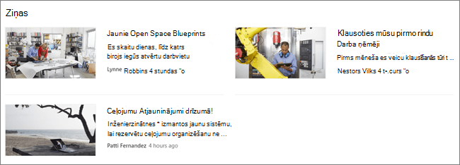 SharePoint vietnes jaunumu tīmekļa daļas, kur filtrētas ziņas, ekrāns