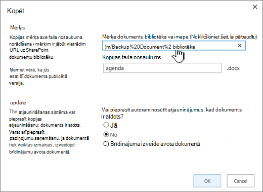 Kopēt dialoglodziņš ar atlasītu URL.