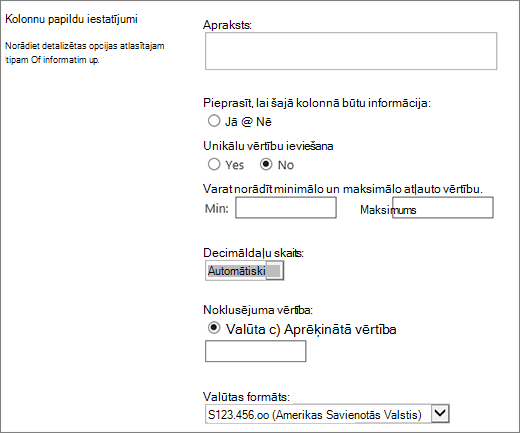 Valūtas kolonnu izvēles iespējas