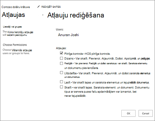Atļauju līmeņu mainīšana atļauju dialoglodziņā
