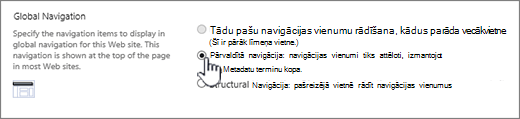 Globālās navigācijas iestatījumi ar atlasītu pārvaldīto navigāciju